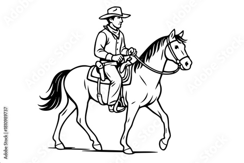 A man in a cowboy hat rides a horse. The horse is brown and white. The man is wearing a vest and jeans