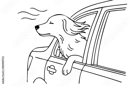 A dog is sitting in a car with the window down and the air conditioning on. The dog is relaxed and comfortable