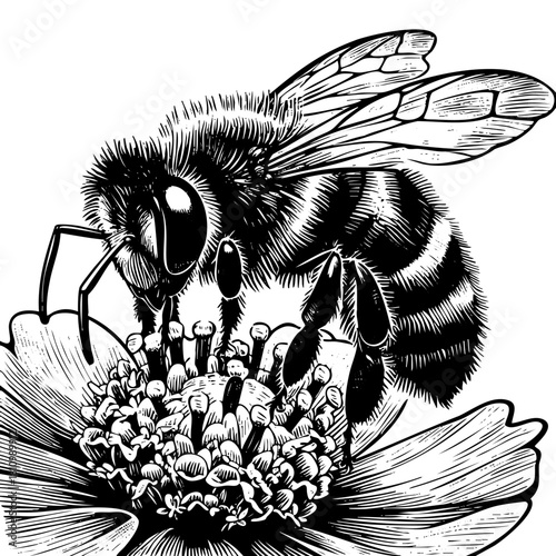 The image is a black and white drawing of a bee on a flower. The bee is in the process of eating the flower, which is a small, delicate blossom. The scene is peaceful and serene