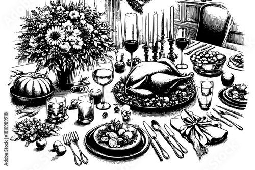 A black and white drawing of a table with a turkey, a pumpkin, and a vase of flowers