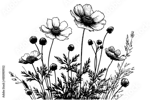 A black and white drawing of a bunch of flowers. The flowers are in a vase and are surrounded by grass. The drawing has a peaceful and calming mood
