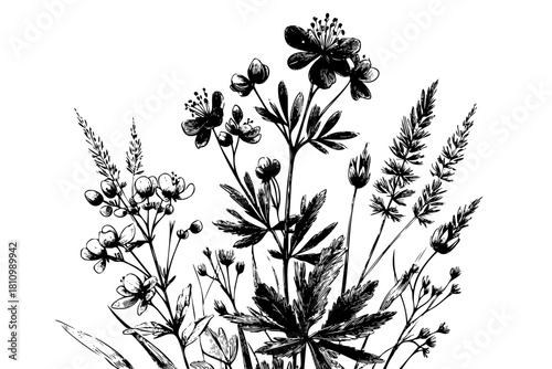 A black and white drawing of a bunch of flowers. The flowers are of various sizes and are arranged in a way that creates a sense of depth and dimension