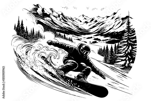 A man is snowboarding down a mountain. The image is black and white and has a moody, dramatic feel to it