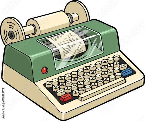 Vintage mechanical cash register machine with paper roll and keyboard