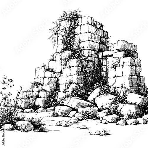 A drawing of a rocky hillside with a small building in the foreground. The drawing is in black and white and has a moody, desolate feel to it