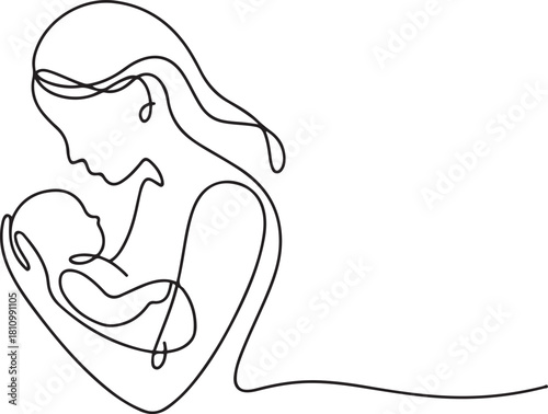 Continuous line design of mother's concern for baby. one line Icon drawing with white background