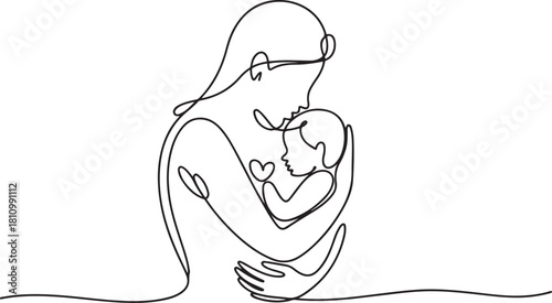 Continuous line design of mother's concern for baby. one line Icon drawing with white background