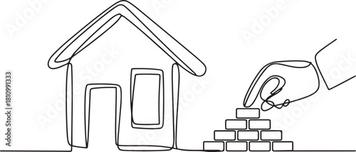 One line continuous building house. Concept of hand arranging bricks. one line Icon drawing with white background