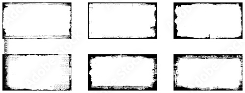 Grunge frames set templates. Ink paint border with rough edges for poster and banner. Retro textured overlays. Rectangular old black abstract flyers on transparent background. Vector illustration. 