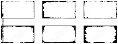 Grunge frames set templates. Ink paint border with rough edges for poster and banner. Retro textured overlays. Rectangular old black abstract flyers on transparent background. Vector illustration. 