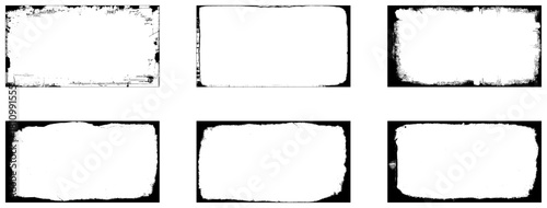 Grunge frames set templates. Ink paint border with rough edges for poster and banner. Retro textured overlays. Rectangular old black abstract flyers on transparent background. Vector illustration. 