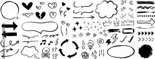 手描きの装飾セット。かわいい線画。ふきだし、矢印、星、ハートなど。ペンで描いた感情のアイコン。