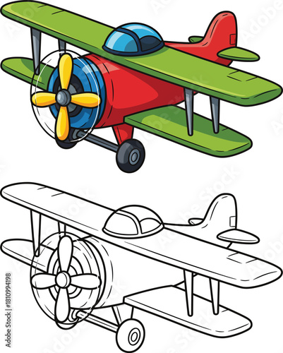 Colorful cartoon toy biplane with a black and white line art version for coloring book.