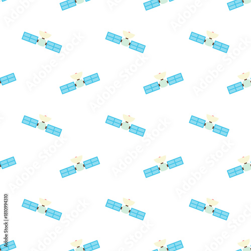 flat design pattern of satellite with a central light green body, a light yellow parabolic dish antenna, and two rectangular arrays of light blue solar panels extending from its sides