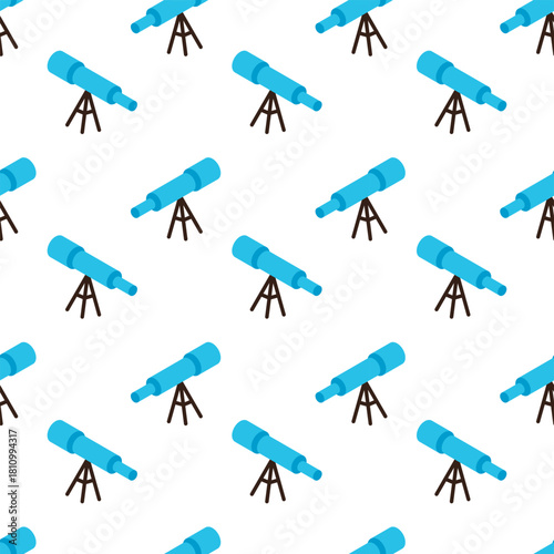 flat design pattern of telescope with a blue barrel and a dark brown tripod stand. The telescope has a simple, bold outline and is set against a white background
