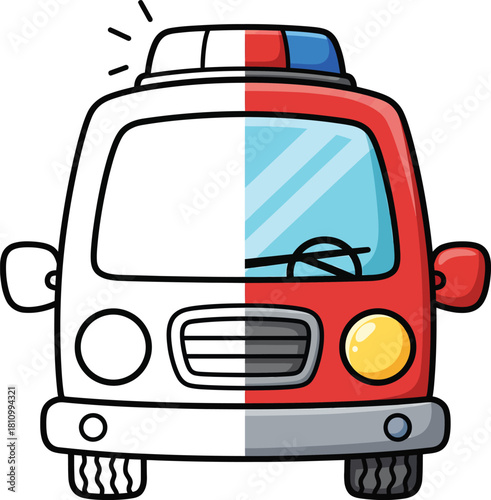 Cute cartoon fire truck in a split view half as a black and white coloring page outline and half fully colored in red and blue.