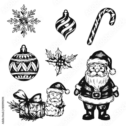 A detailed handdraw festive bundle of Christmas icons, a holiday sketch with merry decorations, Xmas ornaments, holly, and signs
