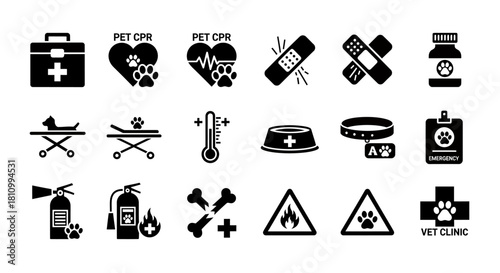 Veterinary Clinic Emergency and First Aid Icons.