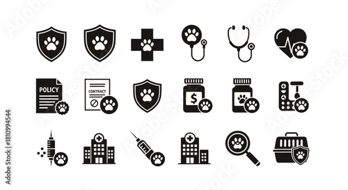 Veterinary care and pet health insurance icon set.