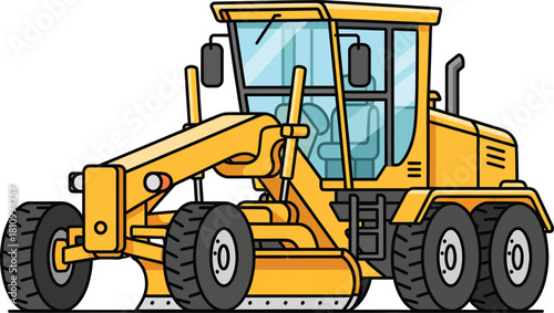 Detailed cartoon illustration of a yellow sixwheeled road grader construction vehicle.