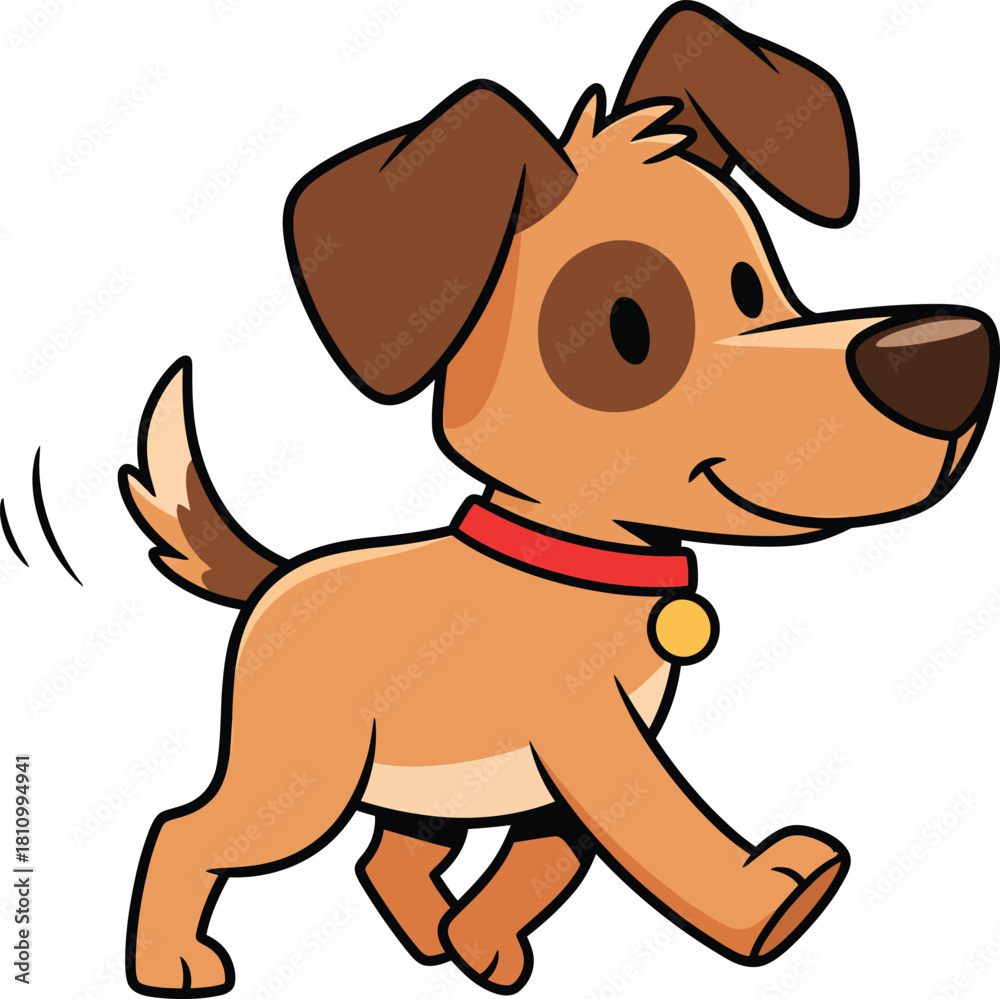 Obraz premium Happy cartoon puppy with a spotty eye and red collar walking and wagging its tail.