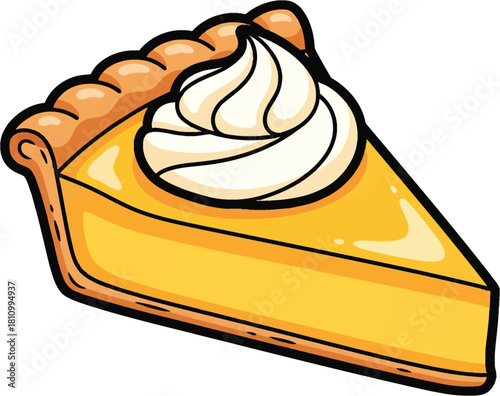 Illustrated slice of yellow pie with a golden fluted crust and swirled whipped cream topping.
