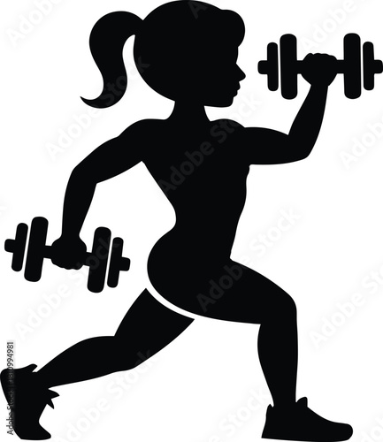Silhouette of woman lunging with dumbbells for strength and fitness