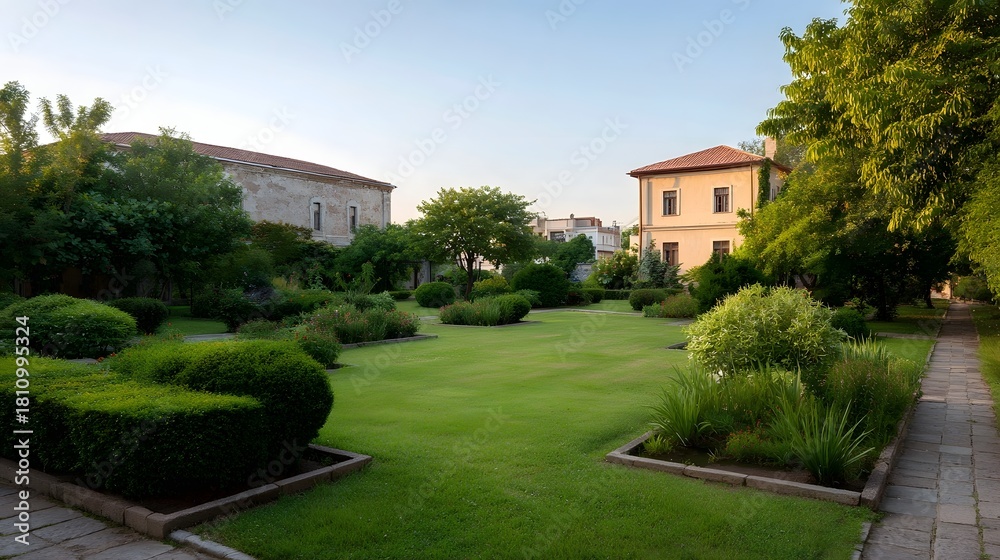 Fototapeta premium A well manicured garden with historic buildings lush greenery and flower beds bathed in the warm glow of golden hour