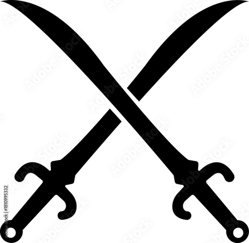 Crossed Swords Icon with Blade, Saber, Cutlass, Sword, Weapon, Steel and Combat Symbols in Black Flat Style Vector for Medieval and Battle Design