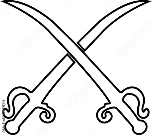 Crossed Swords Icon with Blade, Saber, Cutlass, Sword, Weapon, Steel and Combat Symbols in Black Line Style Vector for Medieval and Battle Design