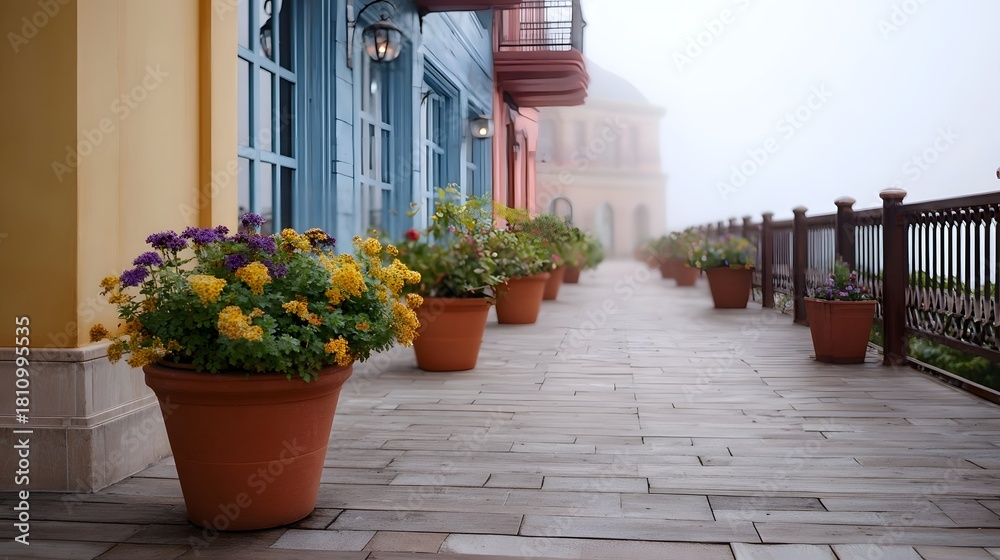 Obraz premium Serene European storefront terrace with vibrant flower pots and colorful facades partially obscured by rolling morning fog