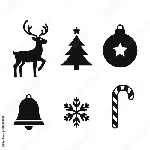 Christmas icons in a holiday collection featuring seasonal set elements such as reindeer, tree, bell, snowflake, candy cane and bauble, festive illustration, holiday doodles