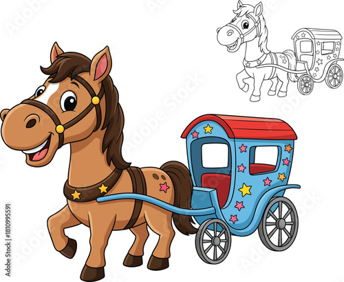 Smiling brown cartoon horse with a stardecorated harness pulling a colorful blue and red carriage.