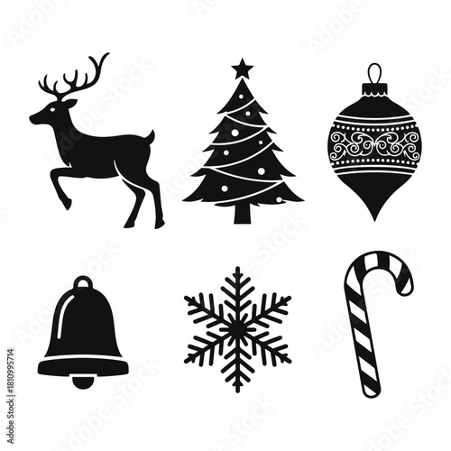 Editable Christmas icons a festive seasonal set of winter elements. Xmas ornaments, clip art, and doodle signs bring cheer to any illustration