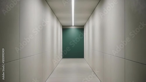 An illuminated, narrow corridor with gray walls leads to a green wall at the end.