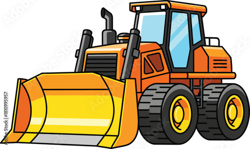 Vibrant orange and yellow cartoon bulldozer with a large front blade and heavyduty black tires.