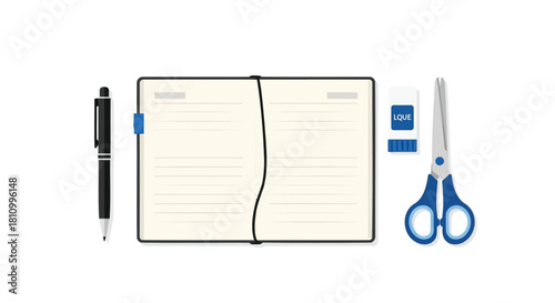 A flat lay composition of a black pen an open notebook a glue stick and blue handled scissors on a white background