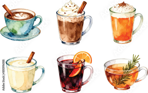 Cozy Winter Drink Watercolor Sticker Set, Hot Chocolate, Peppermint Mocha, Chai Tea & Festive Holiday Beverages Illustration