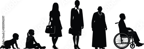 Human life cycle silhouettes, baby crawling to elderly woman, generations concept, people set including child, adult, senior, and wheelchair user