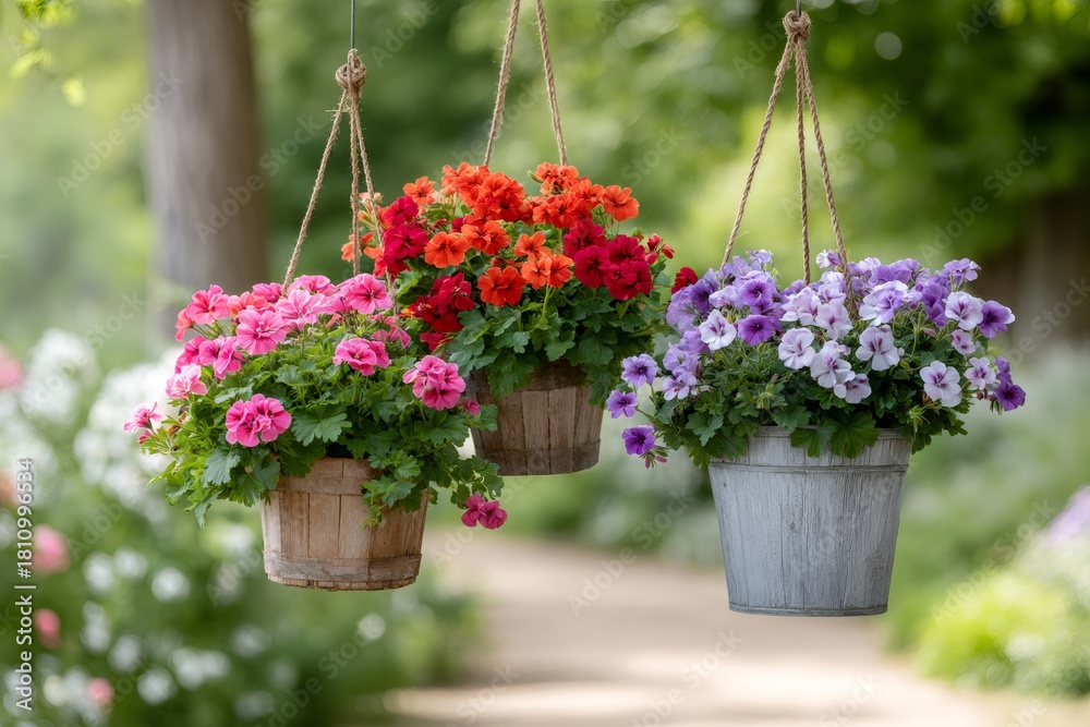 Naklejka premium Colorful geraniums blooming in hanging baskets in garden