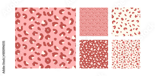 Monochrome pink animal seamless pattern print collection. Girly leopard backgrounds set. Vector seamless bg. Camouflage coquette colors animal panther cheetah mini patterns. Modern red ornaments.