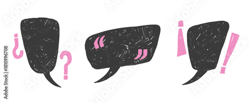 Speech bubbles with inverted spanish punctuation mark. Hand drawn crayon text boxes frames set. Crayon promo callout textured shapes. Vector text balloons with question, quotation, exclamation marks.