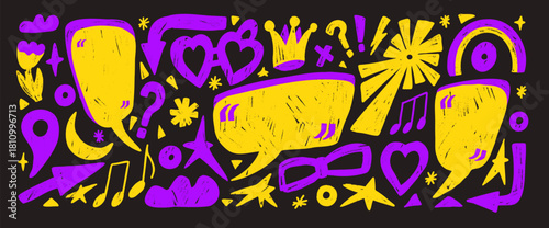 Hand drawn vivid neon colors speech bubble, crayon text boxes with quotation marks. Playful dialogue clouds and shapes like hearts, arrows or stars. A naive speech bubbles message in violet and yellow