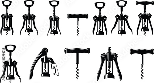 Collection of black corkscrew silhouettes, wine opener icons, bottle opening tools, bar equipment set, kitchen accessory vectors, isolated on white background