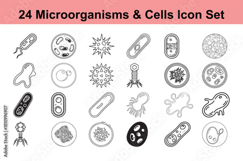 Collection of 24 Microorganisms and Cells Icon Set Representing Various Microbes such as Bacteria, Viruses, and Cells for Scientific and Educational Purposes