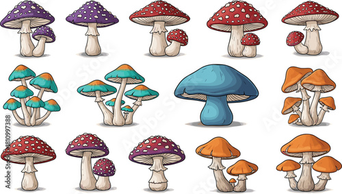 Set of colorful cartoon mushrooms and poisonous toadstools, vector illustration isolated on white background, autumn forest nature collection, fantasy magic fungi