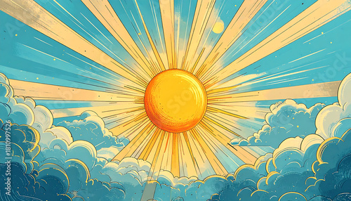 A vibrant illustration of a bright sun with radiating golden beams of light in a blue sky with fluffy clouds.
