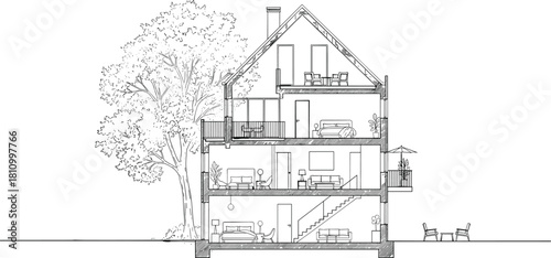Architectural cross section sketch of residential house with interior furniture and tree, vector illustration isolated on white background, building plan