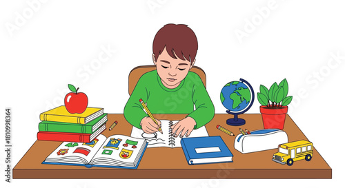 A young boy in a green shirt diligently writing in his notebook at a wooden desk surrounded by school supplies and books