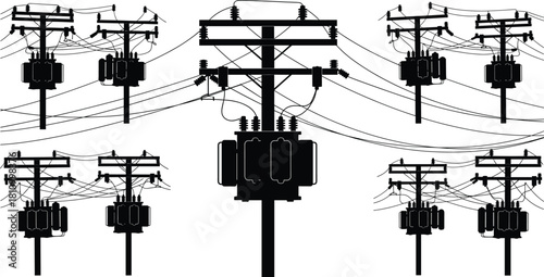 Electric utility pole illustration, power distribution system, electrical transformer vector, energy infrastructure, high voltage lines, grid connection, stylized silhouette, black blue artwork